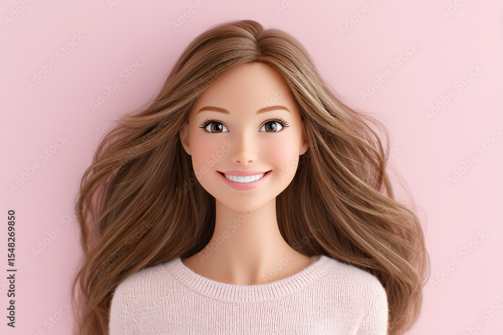 Fototapeta premium A doll with long brown hair and a sweet smile. The doll is against a pale pink backdrop. 