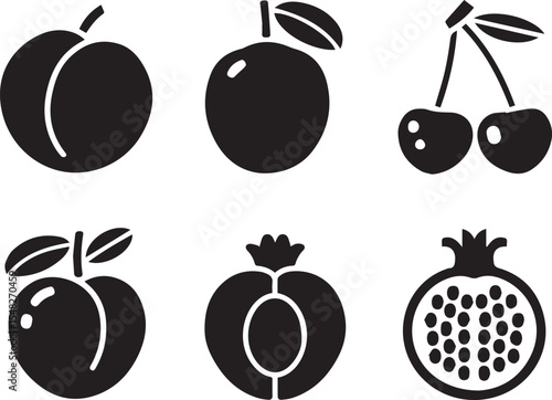 A flat black vector illustration featuring a set of six different stone and seeded fruits. Includes: a whole peach, a plum, a pair of cherries, an apricot, a nectarine and a pomegranate.