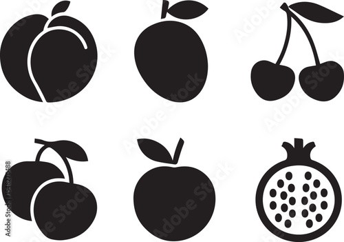 A flat black vector illustration featuring a set of six different stone and seeded fruits. Includes: a whole peach, a plum, a pair of cherries, an apricot, a nectarine and a pomegranate.