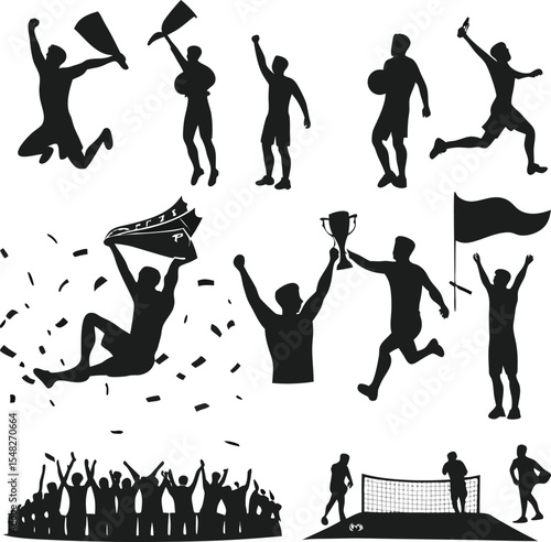 Silhouette collection of athletes celebrating victory winning trophies raising flags and cheerleading in sports events