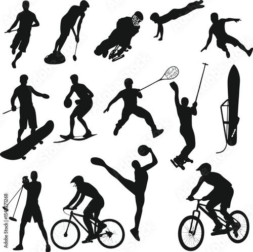 Silhouette collection of diverse sports activities and action poses in a monochrome style illustrating energetic movements