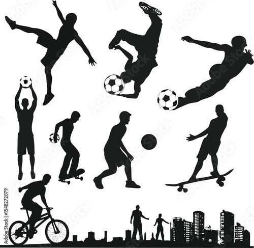 Silhouette vector illustration of active people performing soccer, skateboarding, and cycling activities with cityscape element