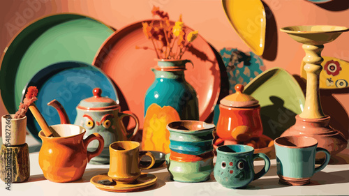 Colorful ceramic pottery collection on white surface