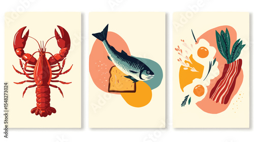 Colorful food silhouettes lobster fish eggs and bacon