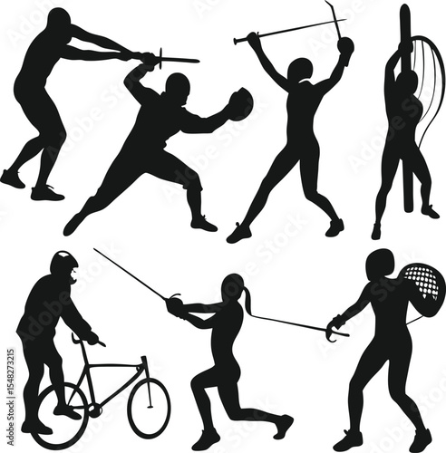 Silhouettes of fencers and a cyclist in dynamic action poses depicting sport and competition