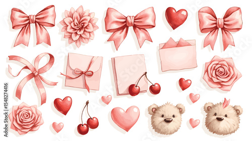 Elegant watercolor bows hearts roses and cherries vectors
