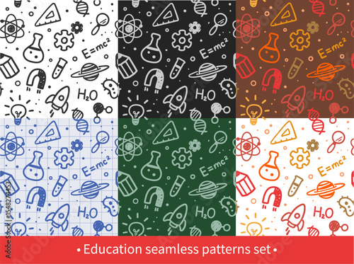 Vector illustration of a set of seamless patterns with science and education illustrations. Hand drawn design.