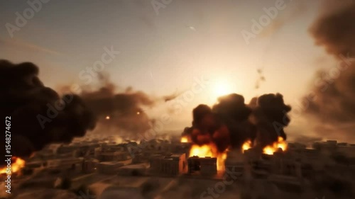 Simulated City Under Attack with Missiles and Explosions Creating Realistic War Zone