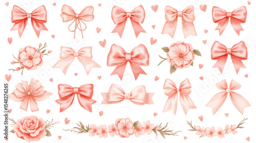 Watercolor bows, flowers, and hearts transparent backgrounds
