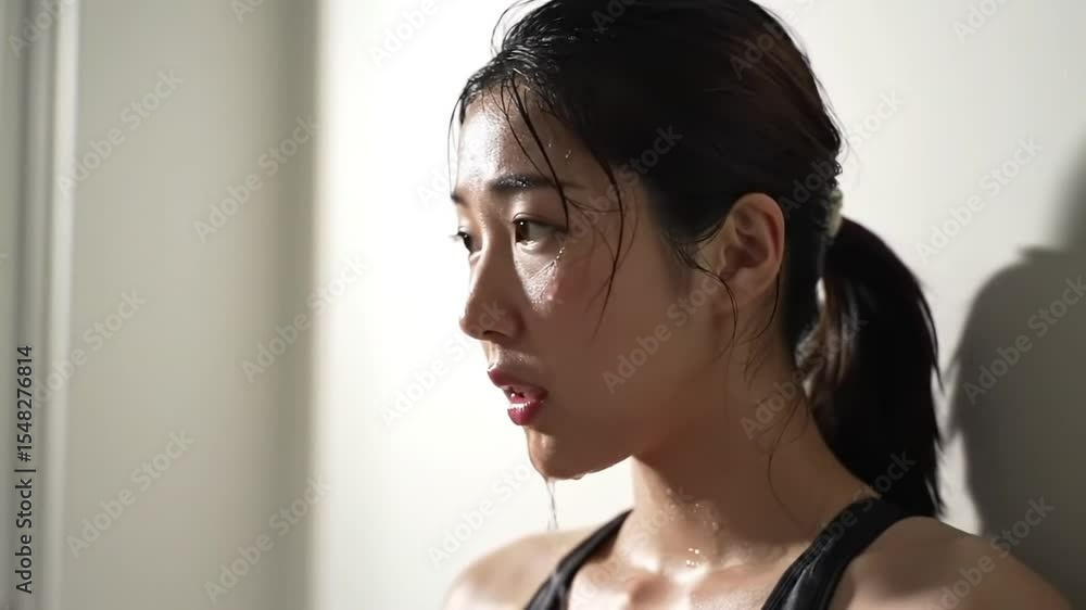 Young Asian woman resting after workout with sweat on her face Young Asian woman resting after workout with sweat on her face