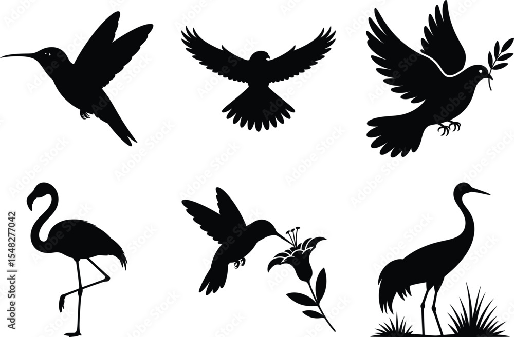 Obraz premium Bird Silhouette illustration, Flying Birds Svg Vector Art and White Background. Bird icon graphics.