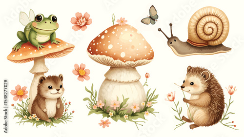 Watercolor illustration set of woodland creatures with flowers