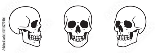 Set of black outline of human skull illustrations in various angles on white background. concept of anatomy, biology, forensic science, skull art, medical illustration, halloween decor