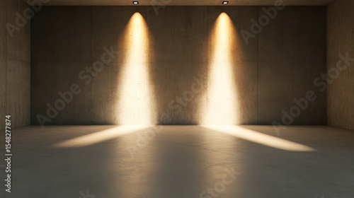 Wallpaper Mural This image showcases a minimalist concrete space with striking beams of light illuminating the walls, creating a captivating ambiance of tranquility and modern design. Torontodigital.ca