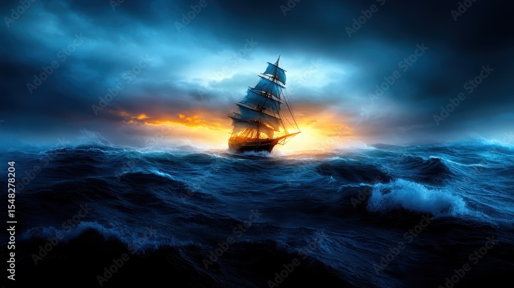 Obraz premium An ancient sailing ship navigates through turbulent ocean waves under a dramatic sky, encapsulating the spirit of adventure, resilience, and the timeless struggle against nature's forces.