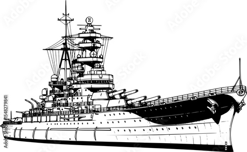 a black and white drawing of a large battleship, detailed, naval style illustration