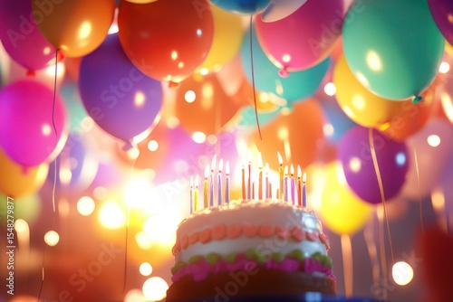 Festive background, cake and balloons. Ai generative.