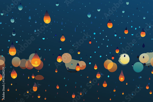 rain drops on glass with blurred city lights