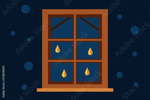  wooden window frame with raindrops and candlelight