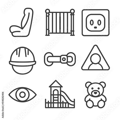 Safety Icons. Line style icons of safety and protection: car seat icon, baby gate, outlet cover, safety helmet, childproof cabinet