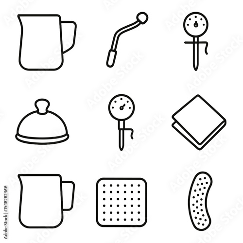 Milk Steaming Tools Icons. Line style icons of milk steaming tools: milk frothing pitcher, steam wand, thermometer clip, milk jug
