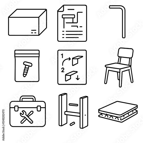 Furniture Assembly Icons. Line style icons of furniture assembly: flat-pack box, instruction sheet, allen key tool, screw bag,