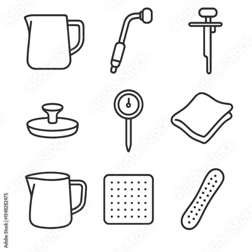 Milk Steaming Tools Icons. Line style icons of milk steaming tools: milk frothing pitcher, steam wand, thermometer clip, milk jug