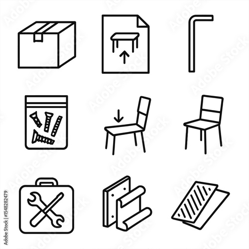 Furniture Assembly Icons. Line style icons of furniture assembly: flat-pack box, instruction sheet, allen key tool, screw bag,