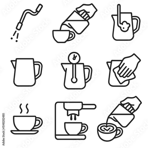 Barista Milk Workflow Icons. Line style icons of barista milk workflow: steam wand purge, milk pour step, milk frothing stage,