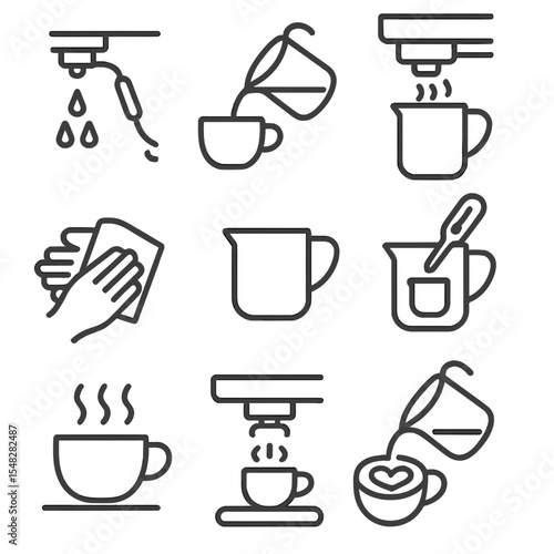 Barista Milk Workflow Icons. Line style icons of barista milk workflow: steam wand purge, milk pour step, milk frothing stage,