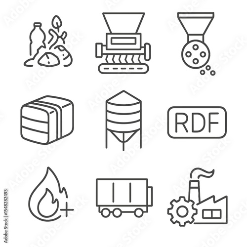 RDF Process Icons. Line style icons of refuse-derived fuel (RDF): sorted waste stream, shredding machine, pellet press, RDF bale,