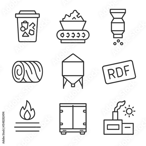 RDF Process Icons. Line style icons of refuse-derived fuel (RDF): sorted waste stream, shredding machine, pellet press, RDF bale,