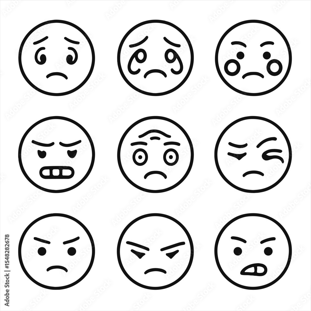 Facial Emotion Icons. Line style icons of facial emotion cues: raised eyebrows, teary eyes, flushed cheeks, clenched jaw, wrinkled Facial Emotion Icons. Line style icons of facial emotion cues: raised eyebrows, teary eyes, flushed cheeks, clenched jaw, wrinkled