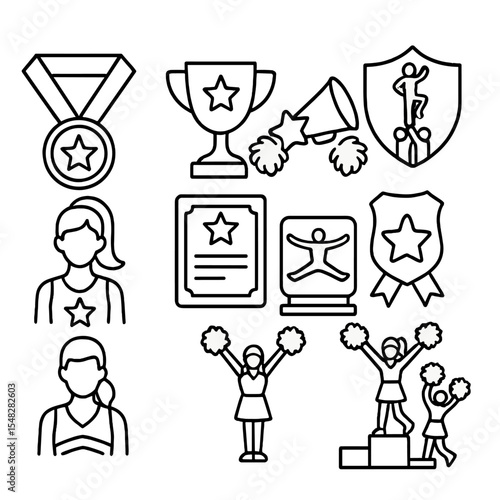 Cheerleading Award Icons. Line style icons of cheerleading awards and achievements: medal icon, team trophy, spirit award, top