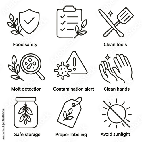 Herb Drying Safety Icons. Line style icons of herb drying safety: food safety symbol, hygiene checklist, clean tools icon, mold