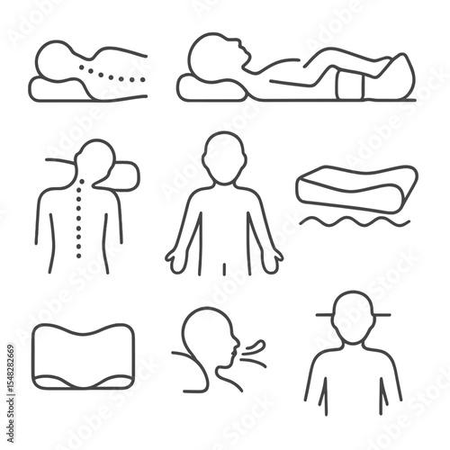 Healthy Sleep Icons. Line style icons of healthy sleep posture: aligned spine, neutral neck position, knee support icon, back