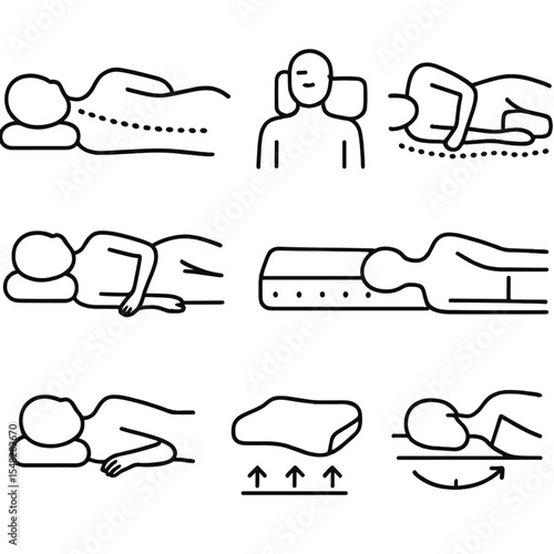 Healthy Sleep Icons. Line style icons of healthy sleep posture: aligned spine, neutral neck position, knee support icon, back