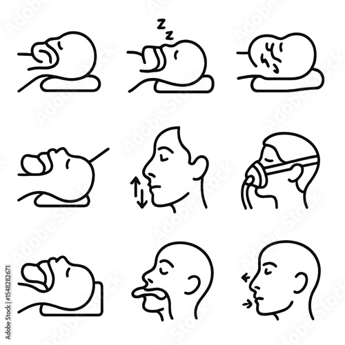 Sleep Position Icons. Line style icons of sleep position and breathing: open airway posture, snoring side sleep, back position
