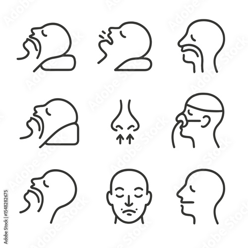 Sleep Position Icons. Line style icons of sleep position and breathing: open airway posture, snoring side sleep, back position