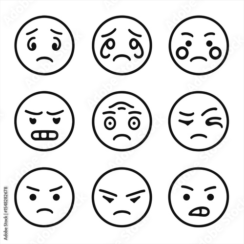 Facial Emotion Icons. Line style icons of facial emotion cues: raised eyebrows, teary eyes, flushed cheeks, clenched jaw, wrinkled