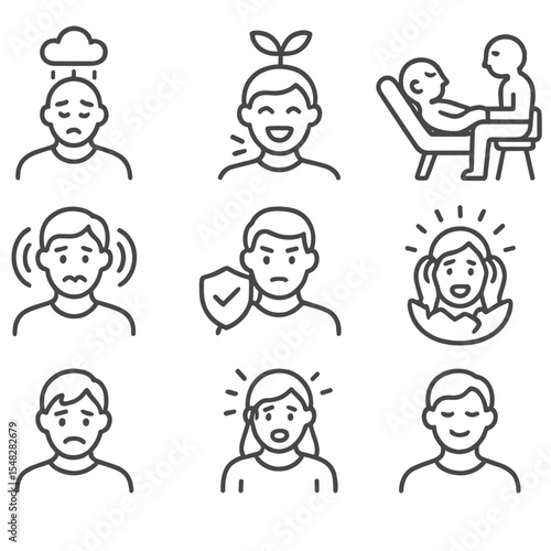 Mental Health Iconography. Line style icons of mental health emotion states: depression icon, emotional numbness, joy of healing,