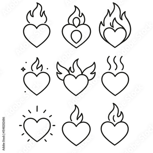 Flaming Heart Icons. Line style icons of heart and flame combination: flaming heart top, heart with flickering fire, inner fire
