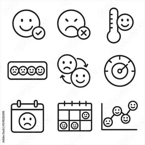 Mood Tracking Icons. Line style icons of mood tracking faces: happy checkmark, sad X icon, mood thermometer, emoji bar scale,