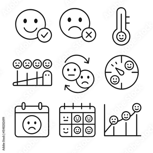 Mood Tracking Icons. Line style icons of mood tracking faces: happy checkmark, sad X icon, mood thermometer, emoji bar scale,