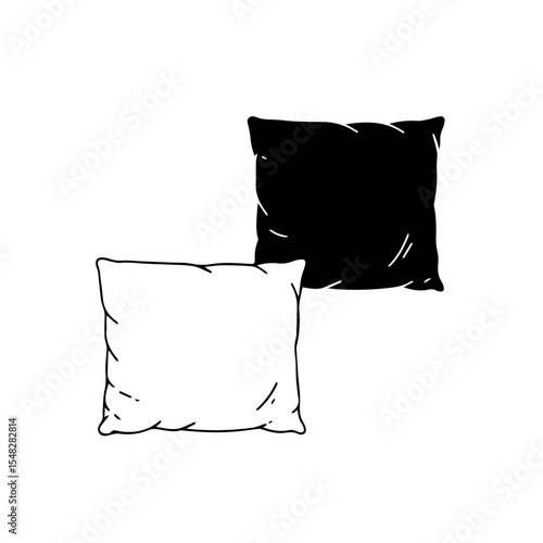 Simple black and white pillows sketch. Two square pillows, one black, one white, are shown in a simple line drawing style. This minimalist pillow design is perfect for home decor catalogs,