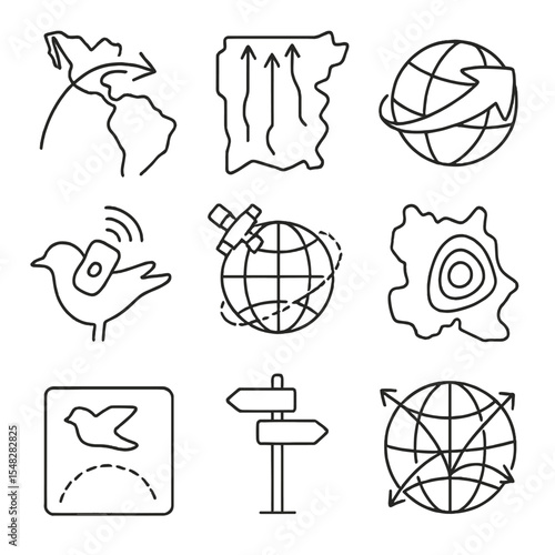 Migration Route Icons. Line style icons of migration routes and maps: continent-spanning arrows, flyway corridor map, curved globe