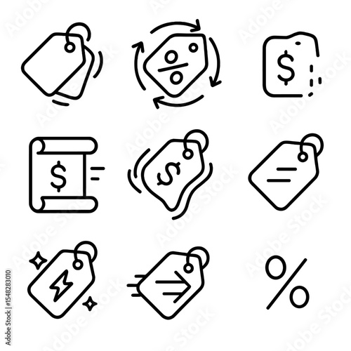 Dynamic Markdown Icons. Line style icons of dynamic markdown labels: price tag flipping, rotating discount tag, disappearing price