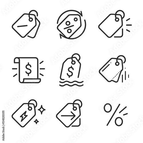 Dynamic Markdown Icons. Line style icons of dynamic markdown labels: price tag flipping, rotating discount tag, disappearing price