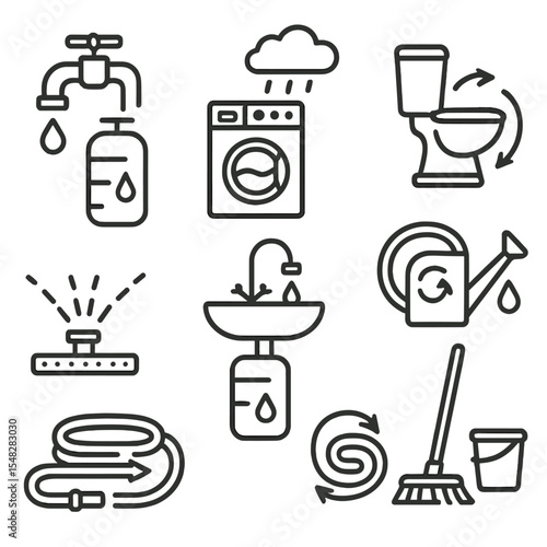 Household Water Reuse Icons. Line style icons of household water reuse: tap with tank line, laundry machine with rain icon, toilet