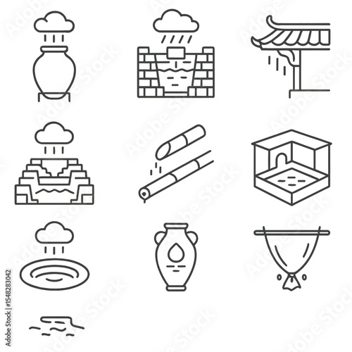 Historical Rainwater Icons. Line style icons of historical and traditional rainwater systems: clay jar collection icon, ancient